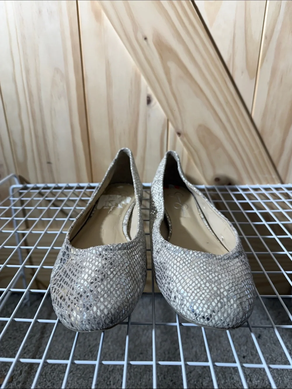Jessica Simpson Metallic Snake-Print Flats in Beige Silver